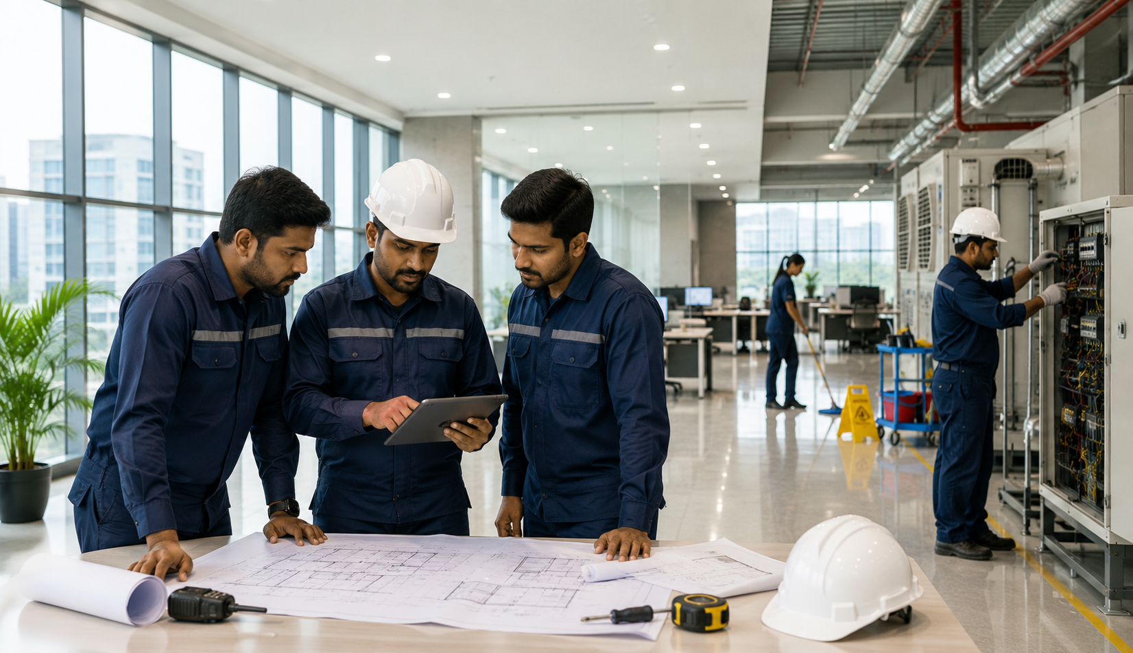 Engineers reviewing blueprints